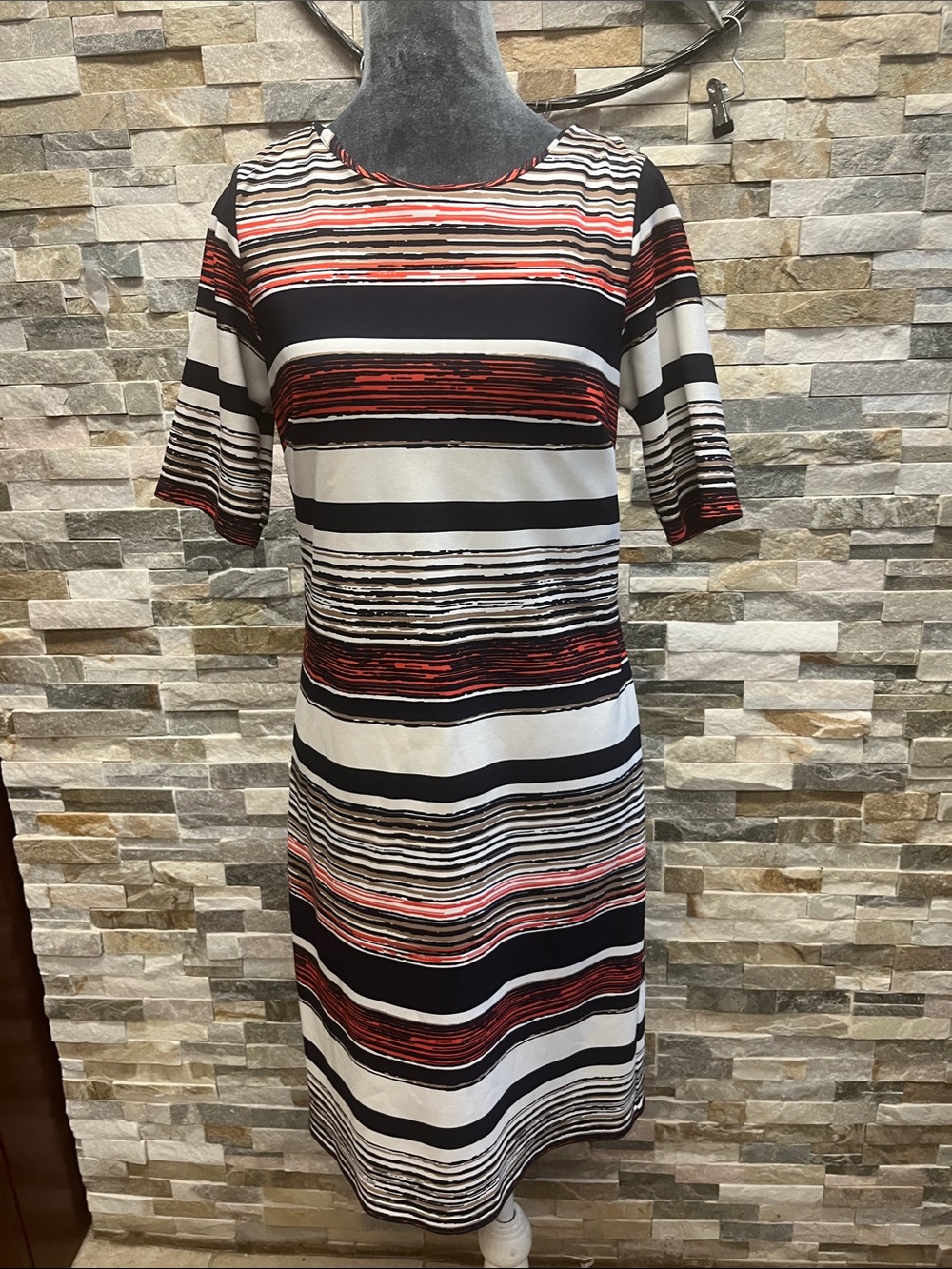 Striped Midi Dress with Black, White and Red Accents